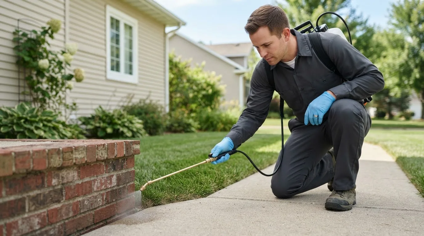 Pest control technician treating a home near Macedonia, IA