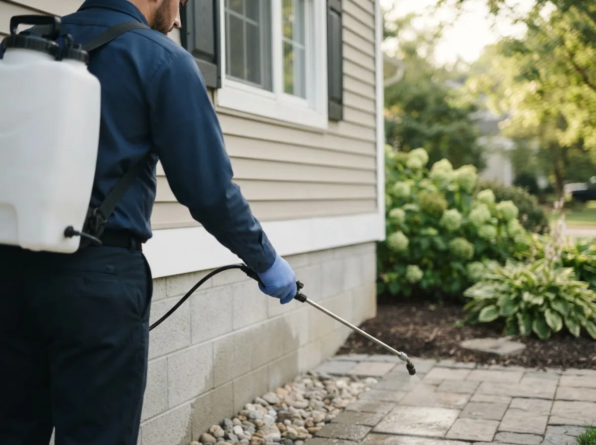 Pest control technician inspecting a home in Macedonia, IA